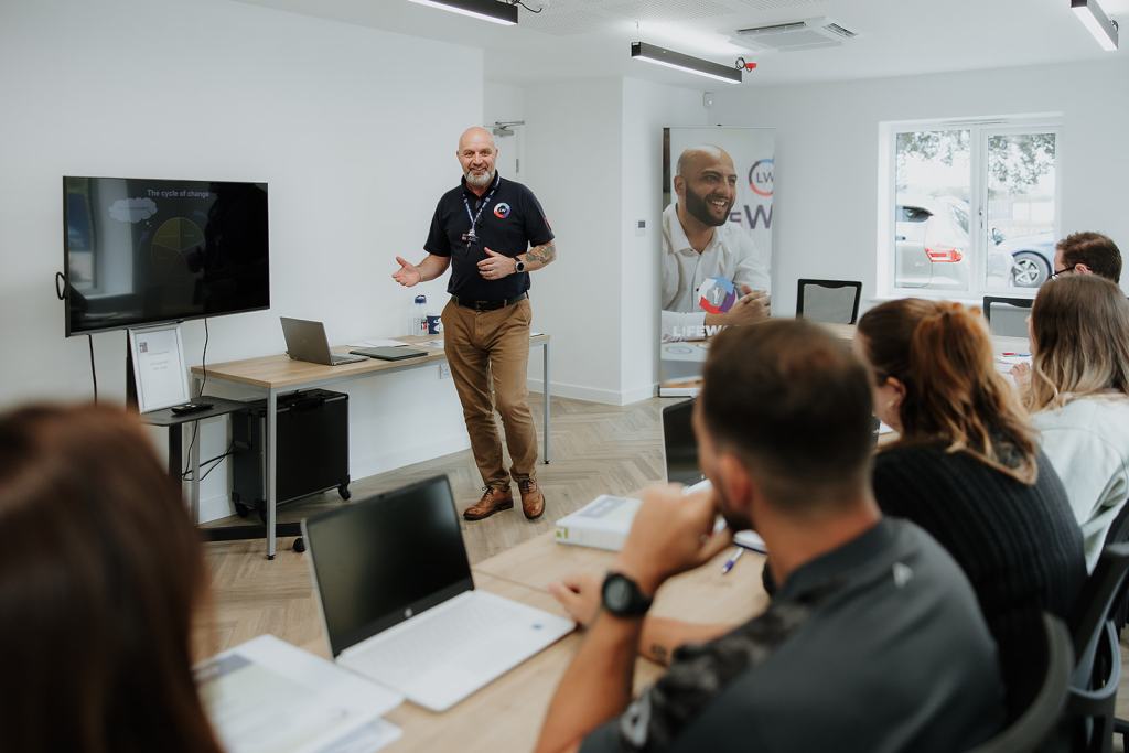 Lifeworks tutor Ian smiling whilst presenting Lifeworks course to veterans and spouses